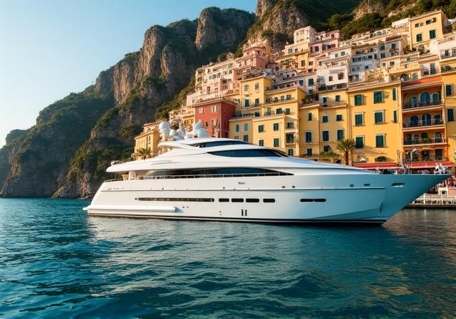 Vista della Costiera Amalfitana dal mare con yacht di lusso